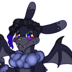 A sleepy-looking rabbit creature with rainbow-colored eyes and a cloud-like ruff.
